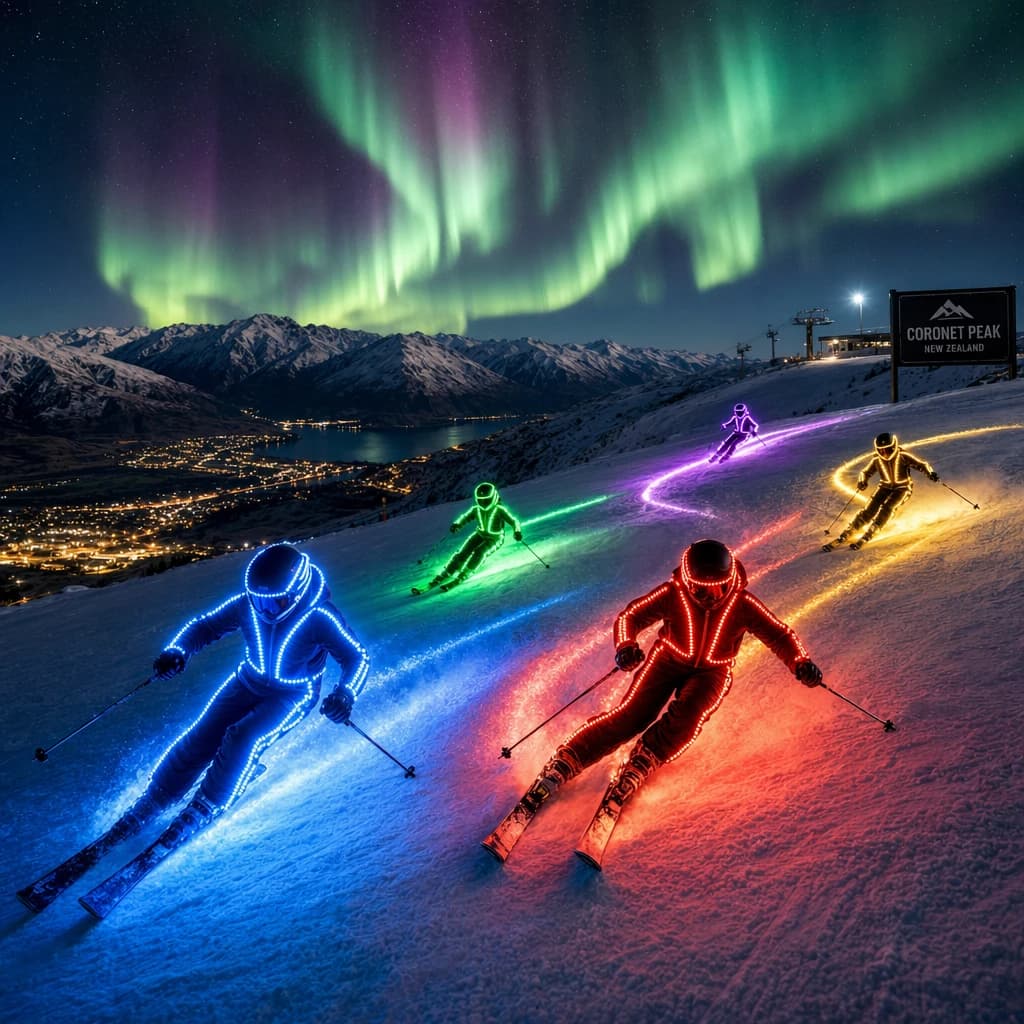 Coronet Peak Night Skiing: Skiers in colorful LED suits carve their way down the slopes of New Zealand's Coronet Peak under the Aurora Borealis, the skiers' light trails visible behind them
