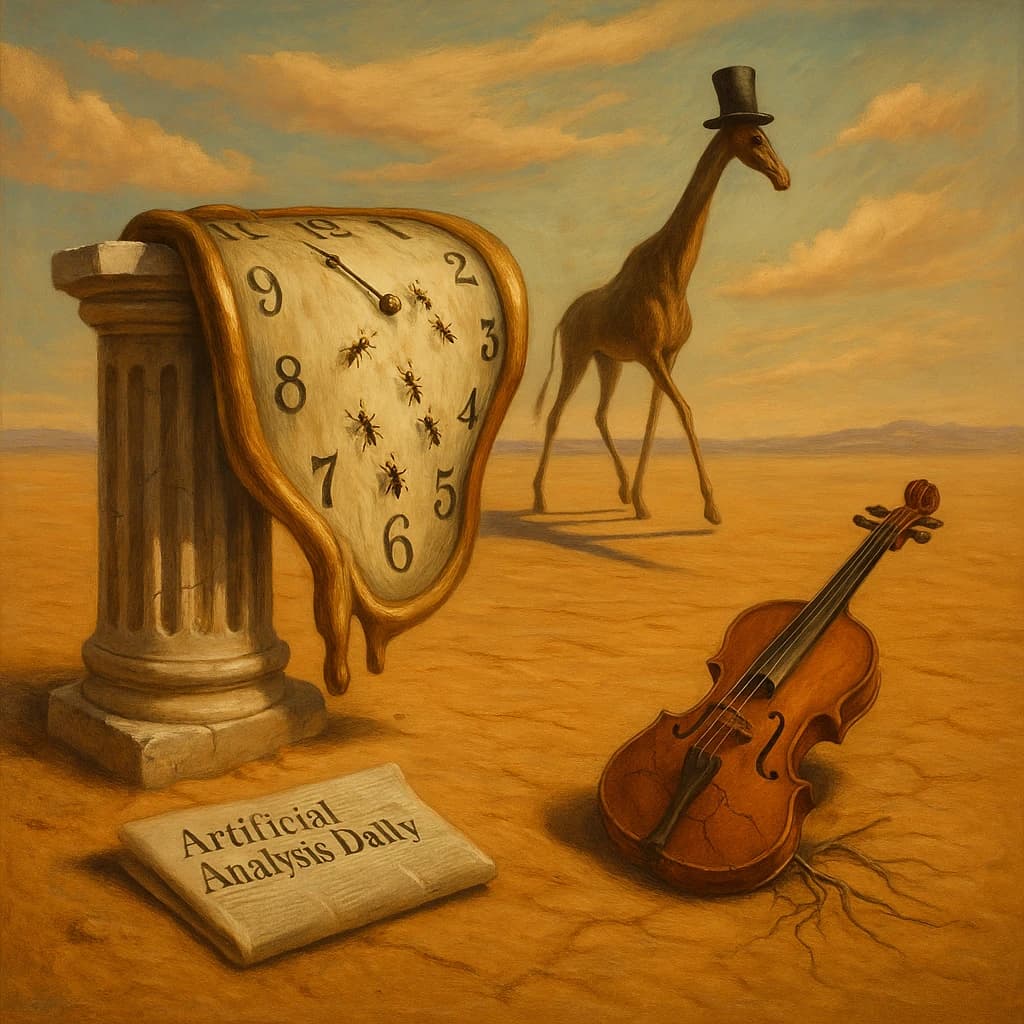 A vast desert plain stretches endlessly under a sky streaked with pale pink and ochre clouds. In the center stands a colossal clock, its face drooping and melting over the edge of a broken marble column. Ants swarm across its warped surface, glinting in the harsh sunlight. To the right, a horse with a giraffe like neck wearing a top hat strides toward the horizon, its shadow stretching miles across the sand. A cracked violin lies half-buried in the foreground, strings snapping outward like veins. Painted in the dreamlike surrealist style. A newspaper named the "Artificial Analysis Daily" lies on the Floor.