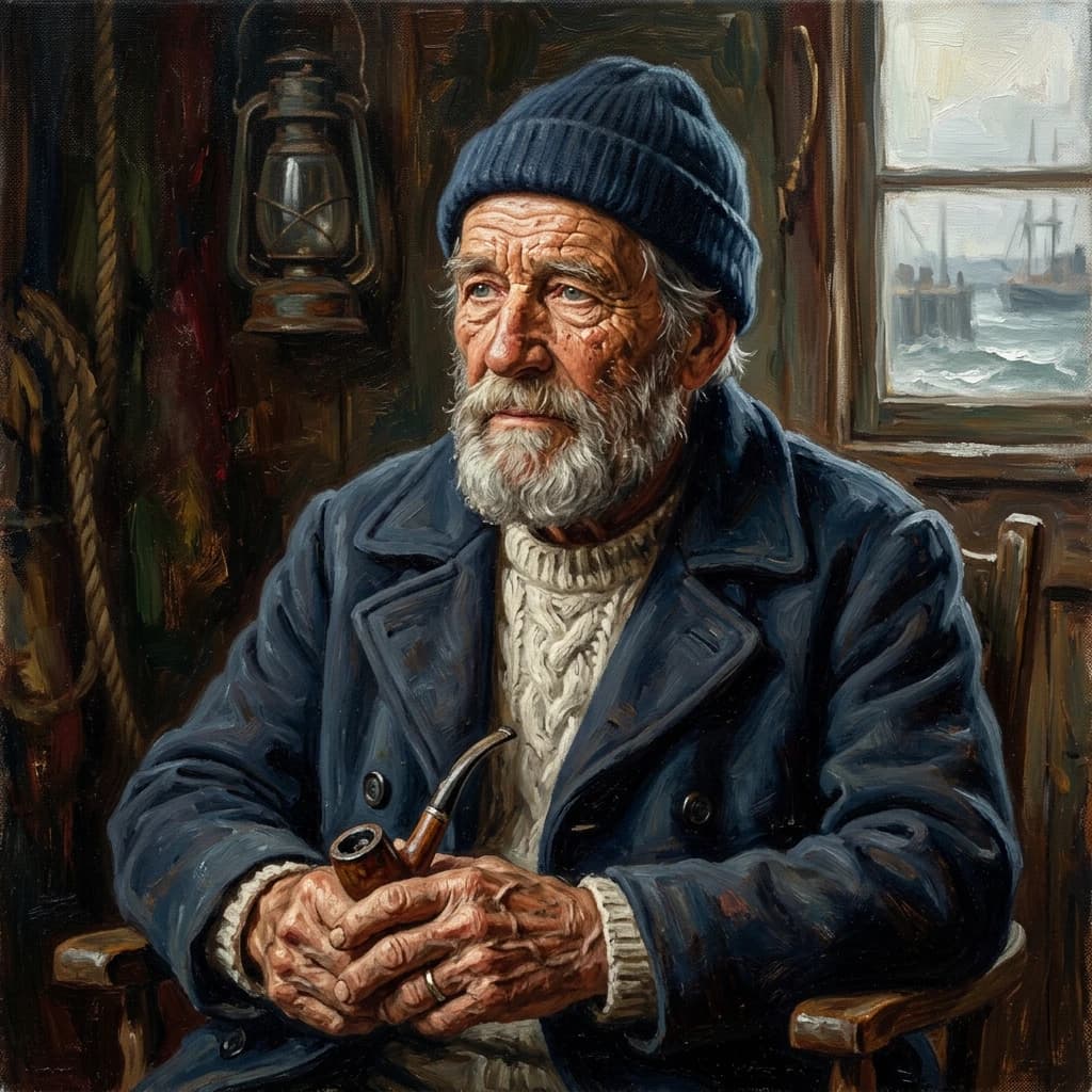 Oil on canvas portrait of an elderly sailor, weathered face, soft light.