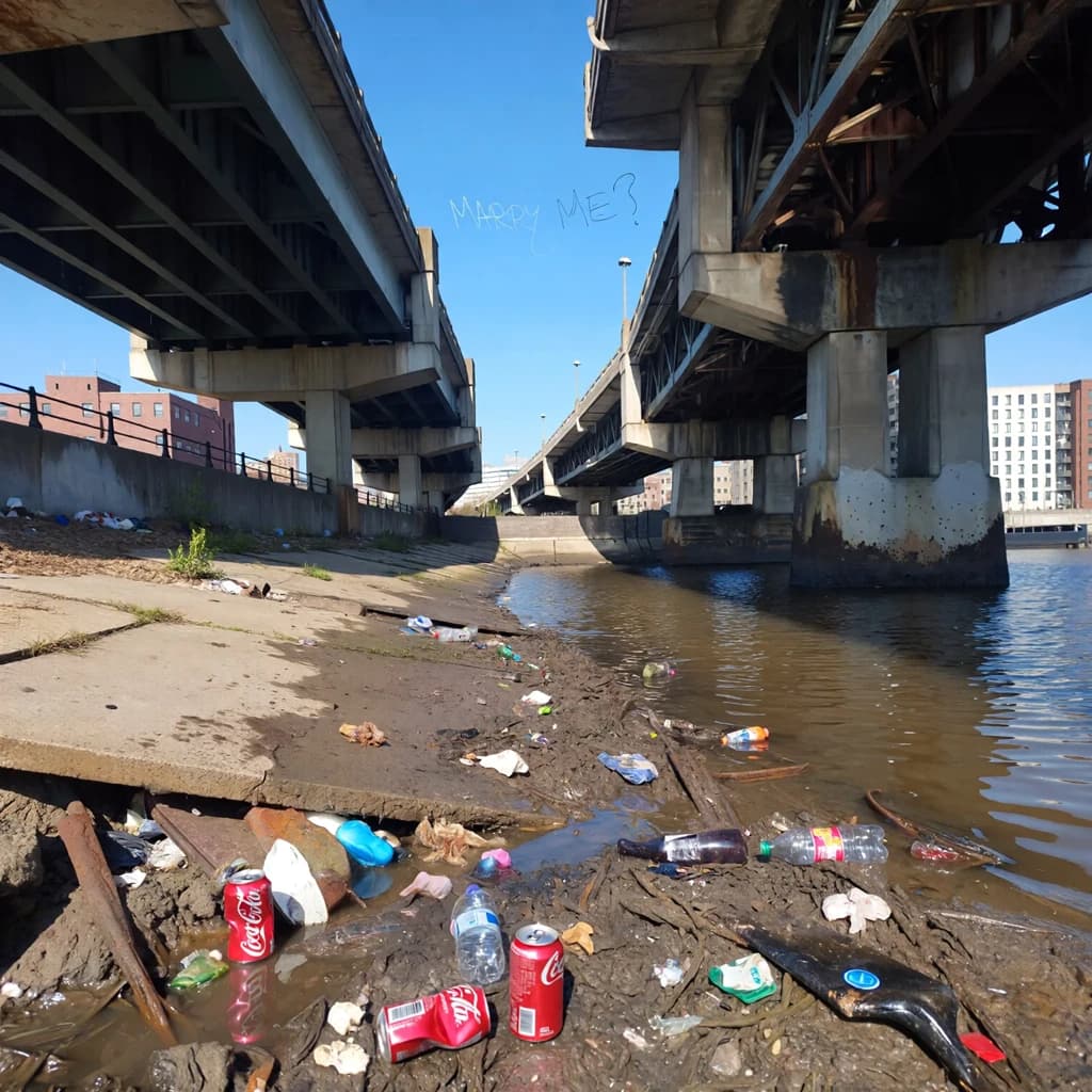 Red soda cans and other garbage sit strewn across the bank of an urban river only a few metres wide. Concrete overpasses criss cross overhead on a bright and sunny day. Fading skywriting proposes marriage