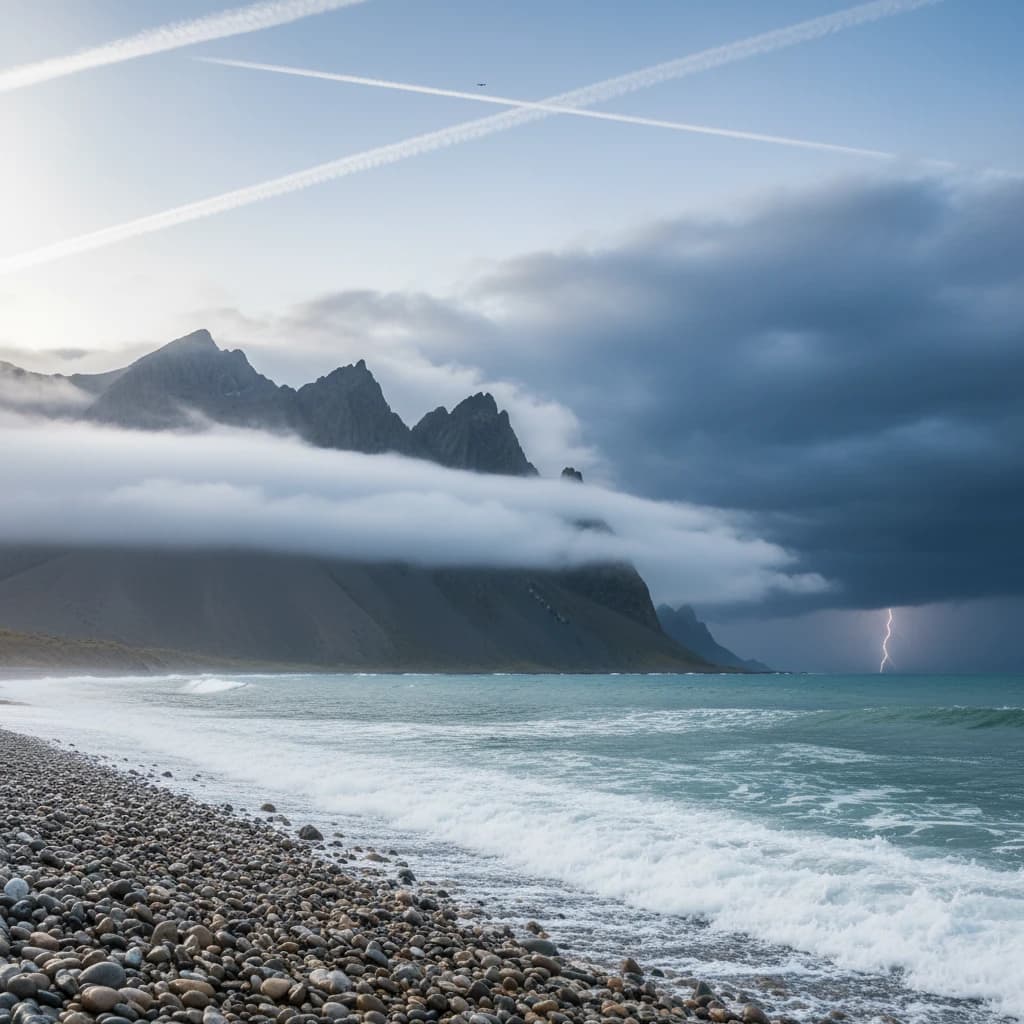 A stunning mountain vista pokes through the cloud top. Contrails from a distant airplane linger in the air. In the foreground there is a stony beach with foamy seas. A thunder storm is visibile in the distant right.