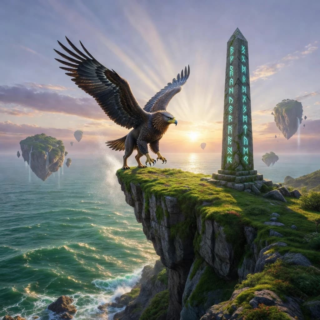 At dawn, a winged griffin lands on a mossy cliff above a jade sea beside a runed obelisk; floating isles drift under golden sunbeams, with a bit of sea spray and glowing runes.