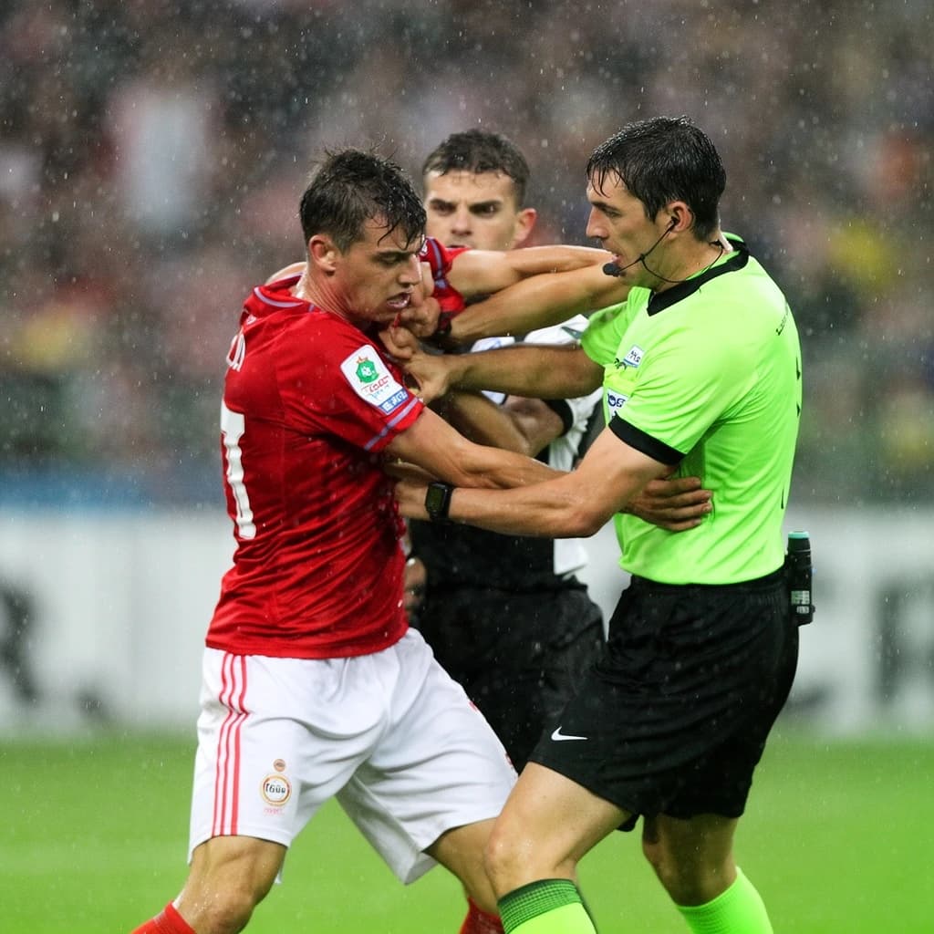 The soccer player clashes with the ref. It is thick and humid and the heat is getting to the players. His friend tries to pull him off before he causes any more trouble.