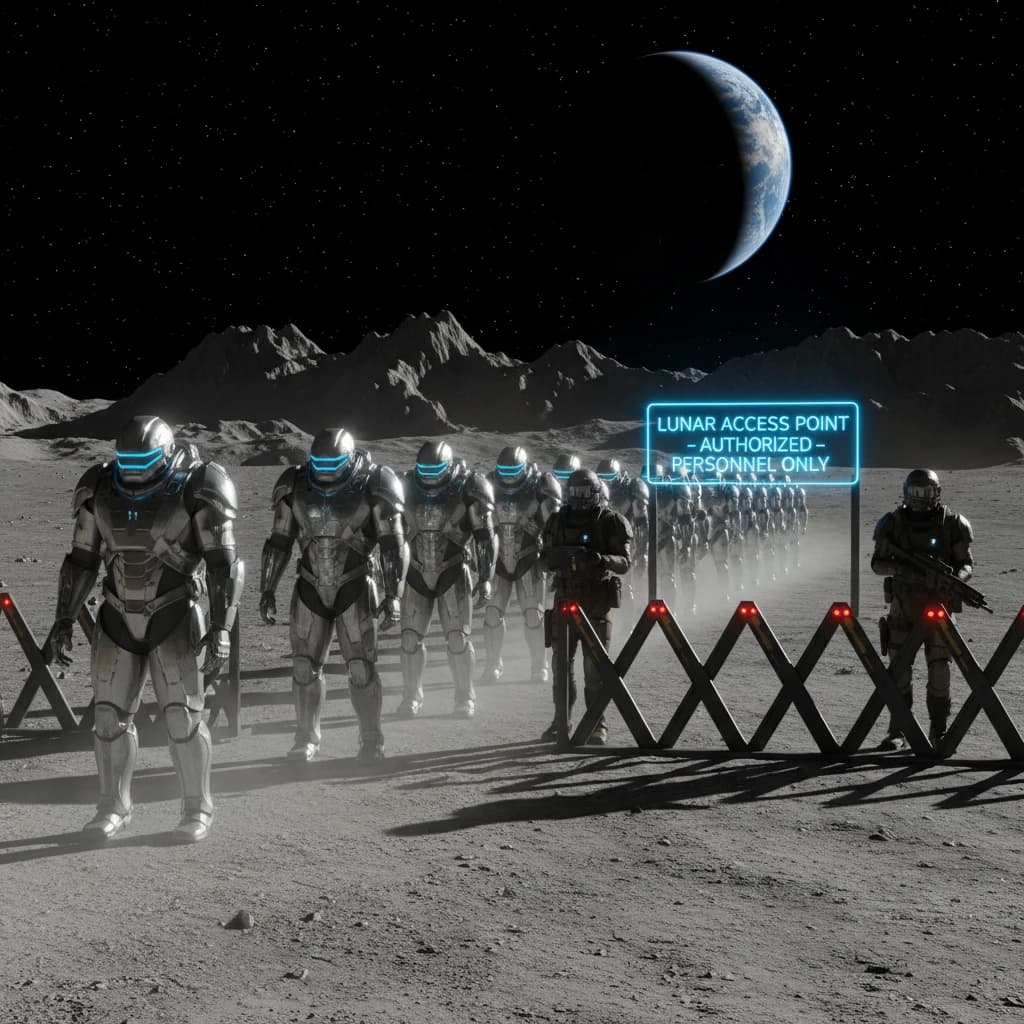 Silver exosuits queue at a dusty lunar checkpoint.