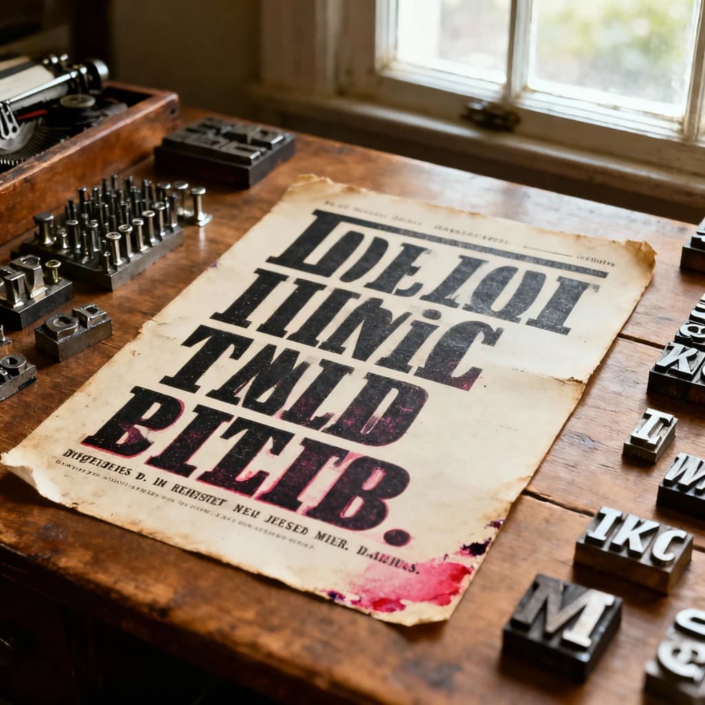 A vintage letterpress poster on a wooden desk: bold slab serif headline, tight kerning, misregistered ink, slightly worn edges, scattered metal type, soft window light.