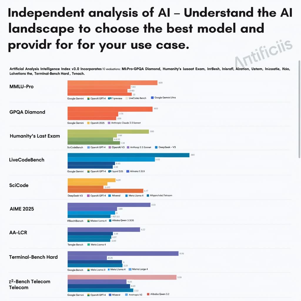 On a white dashboard with thin gray dividers, place a centered header in Helvetica Neue Bold, 20pt: “Independent analysis of AI - Understand the AI landscape to choose the best model and provider for your use case.” Directly beneath, a subheader in smaller Regular weight, 14pt: “Artificial Analysis Intelligence Index v3.0 incorporates 10 evaluations: MMLU-Pro, GPQA Diamond, Humanity's Last Exam, LiveCodeBench, SciCode, AIME 2025, IFBench, AA-LCR, Terminal-Bench Hard, 𝜏²-Bench Telecom.” The header is fully justified but the subheader is left-aligned. In the upper right corner, the Artificial Analysis logo appears watermarked, diagonal, faint gray, partially overlapping the scrollbar.
