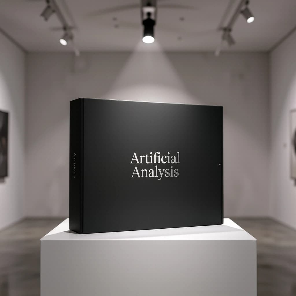 A premium matte black laptop-sized box rests on a pure white pedestal within a gallery space. Overhead, a single spotlight carves sharp contrast, leaving the edges in deep shadow. The brand name Artificial Analysis is embossed in silver foil, glinting faintly as though it were jewelry.
