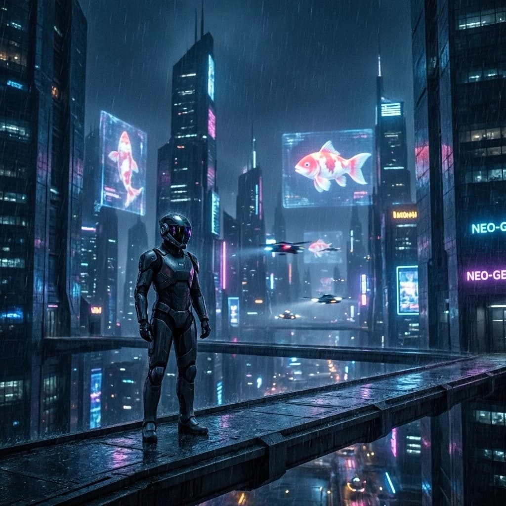 Rain-soaked neon megacity at night, flying taxis weave between glass towers, giant holograms flicker; a lone courier in a matte exosuit, somewhat cinematic wide angle.