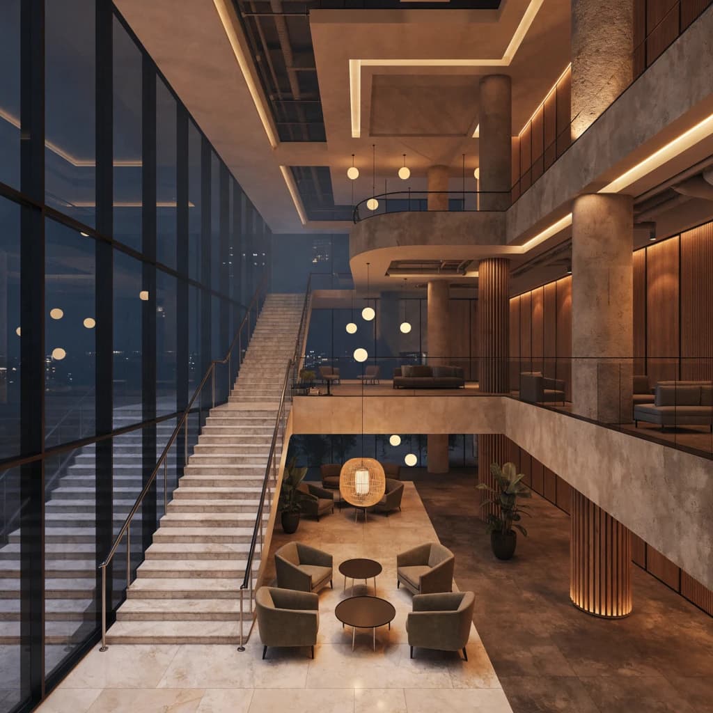 Isometric 3D lobby, glass walls, warm lights, slightly moody, soft shadows.