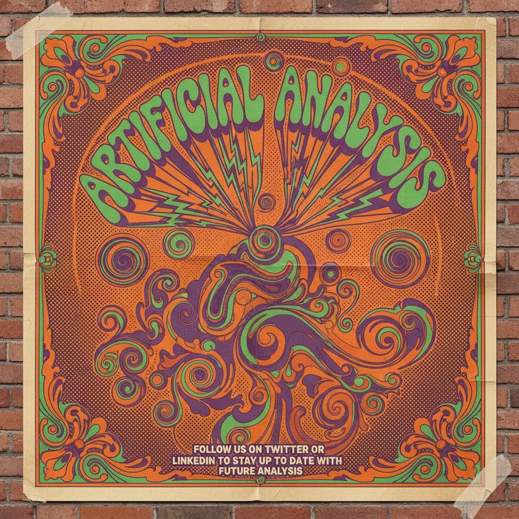 A portrait layout psychedelic concert poster from 1972 bathed in saturated oranges, deep purples, and acid greens. Swirling, hand-drawn typography arcs across the top, spelling out Artificial Analysis in bold, distorted letters that melt into spirals. Surrounded by radiating concentric circles and lightning-bolt motifs. The background is textured with halftone dots and faded paper creases, evoking a well-worn poster taped to a brick wall. Ornate floral borders frame the design, while the bottom features blocky retro lettering listing “Follow us on Twitter or LinkedIn to stay up to date with future analysis” in smaller text. 