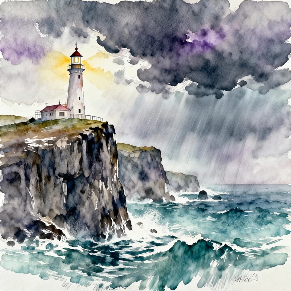 Please paint a watercolor of stormy cliffs and a lighthouse, moody sky.