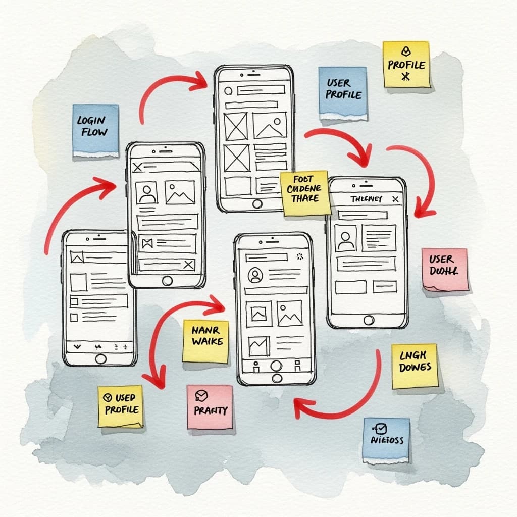 A rough watercolor of hand-drawn app wireframes, sticky notes, and red arrows.