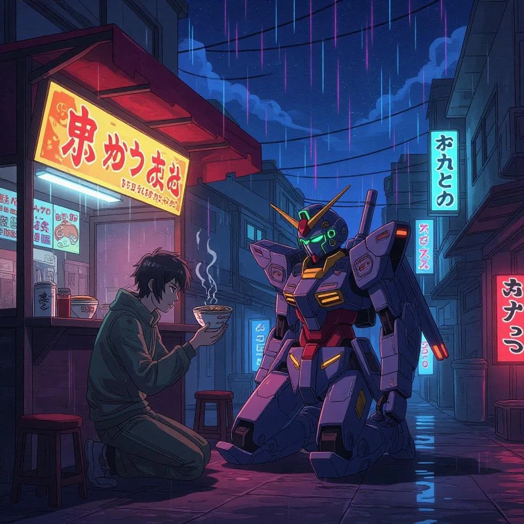 Neon rain falls as a cel-shaded mecha kneels by a ramen stall, midnight vibes.