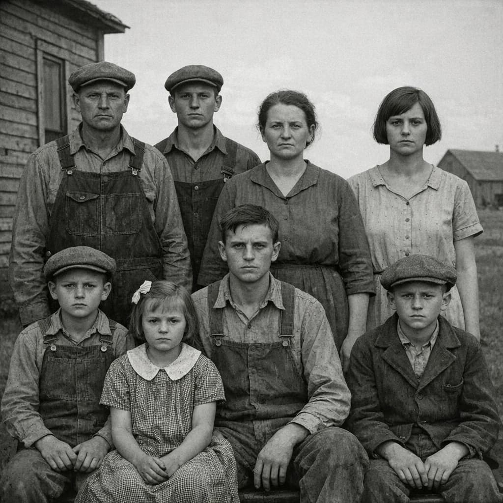 Everybody holds still and nobody smiles for the family portrait. It's 1928 in Kansas