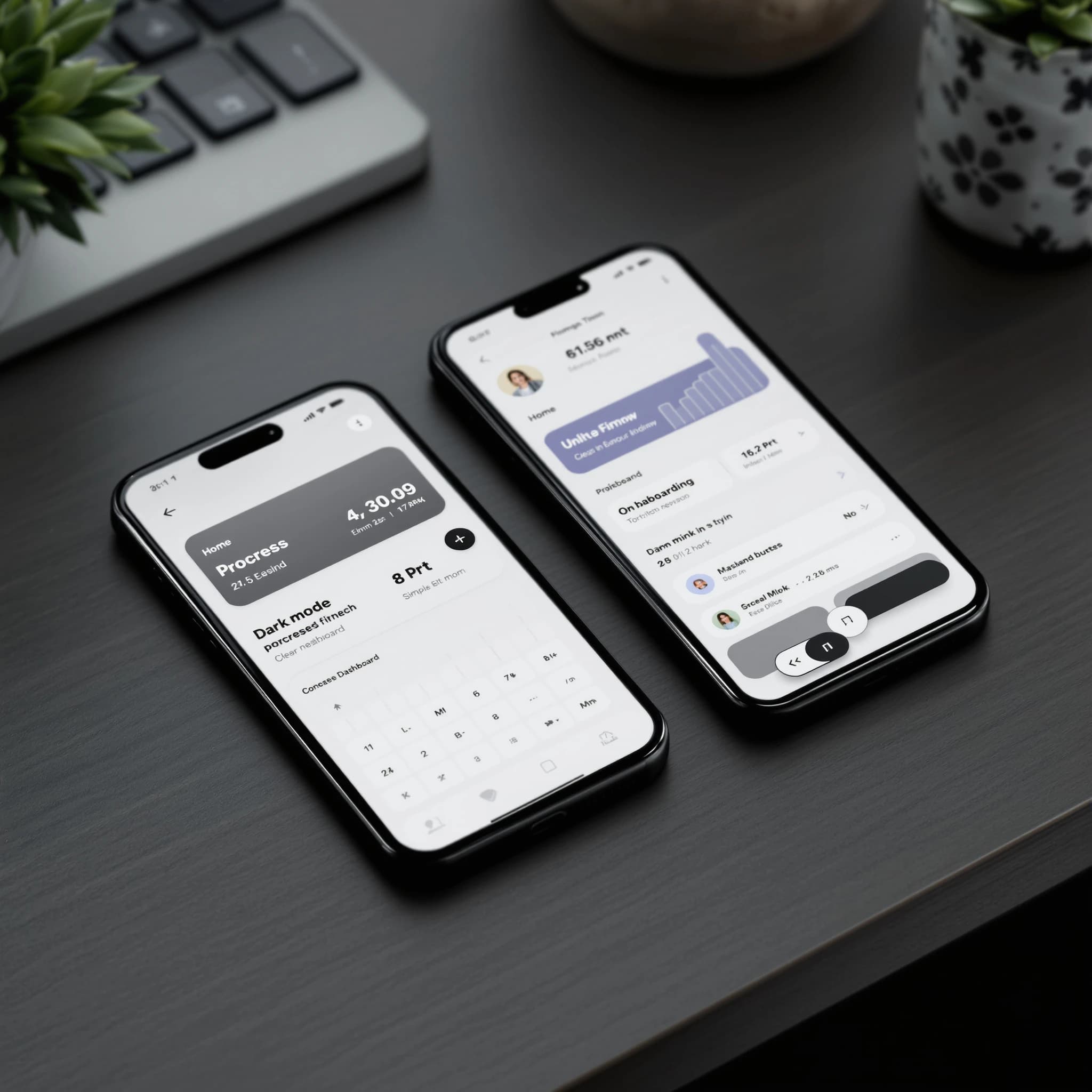 Sleek mobile fitness app screens on a desk: dark mode home, progress dashboard, simple onboarding, clear 8 pt grid, slightly oversized buttons for thumb reach, muted colors.