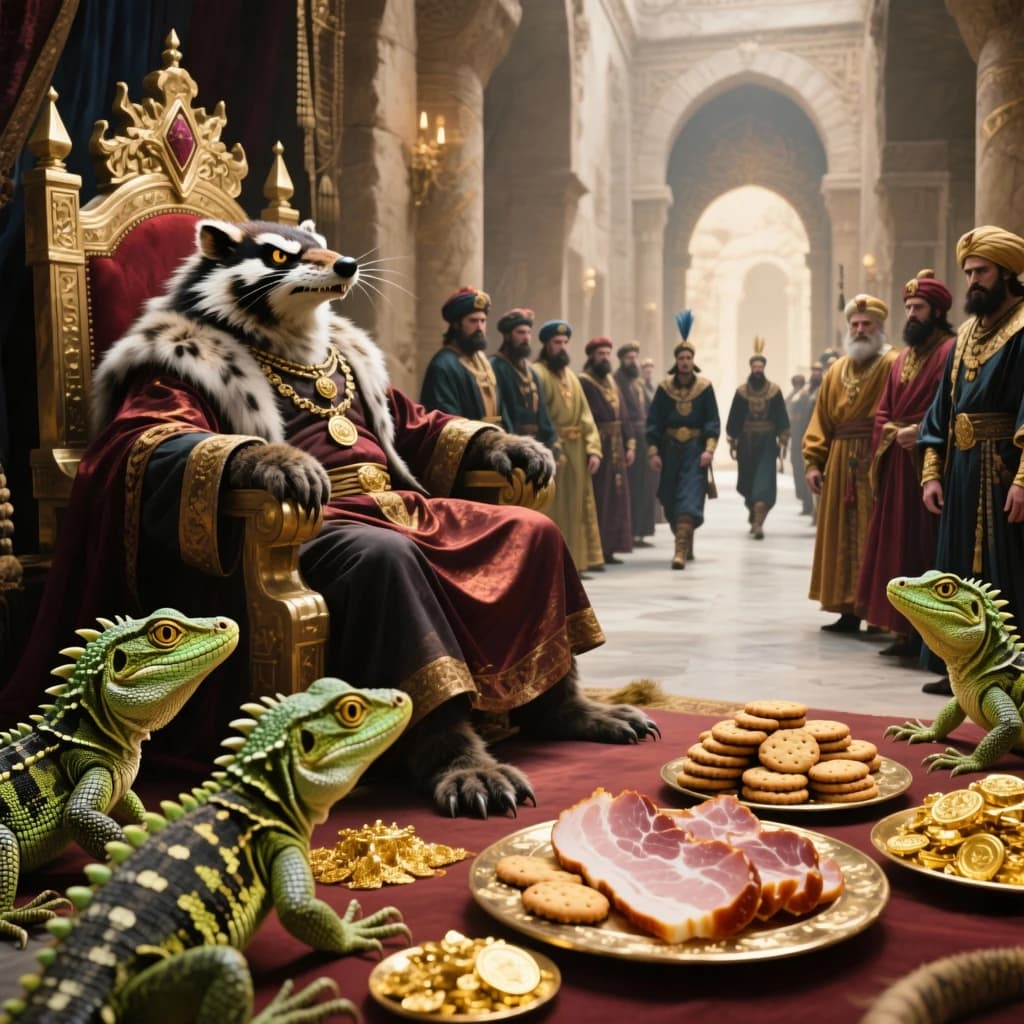 Big Weasel, the tyrannical ruler of the Levitus, slouches on his throne, his mood foul but somewhat brightened by the sight of gifts - a wearisome group of lizard traders adorned in fine silks proceed toward him through the hall with their annual tribute of biscuits, ham and gold - Big Weasel's favourites. Big Weasel's entourage looks on with stern approval.
