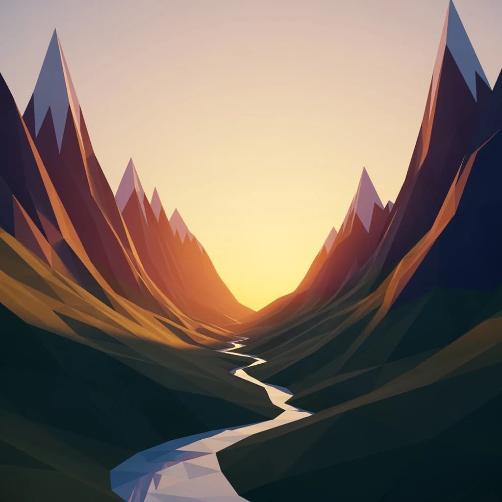 Render a low-poly alpine valley at sunset, clean gradients, long shadows.