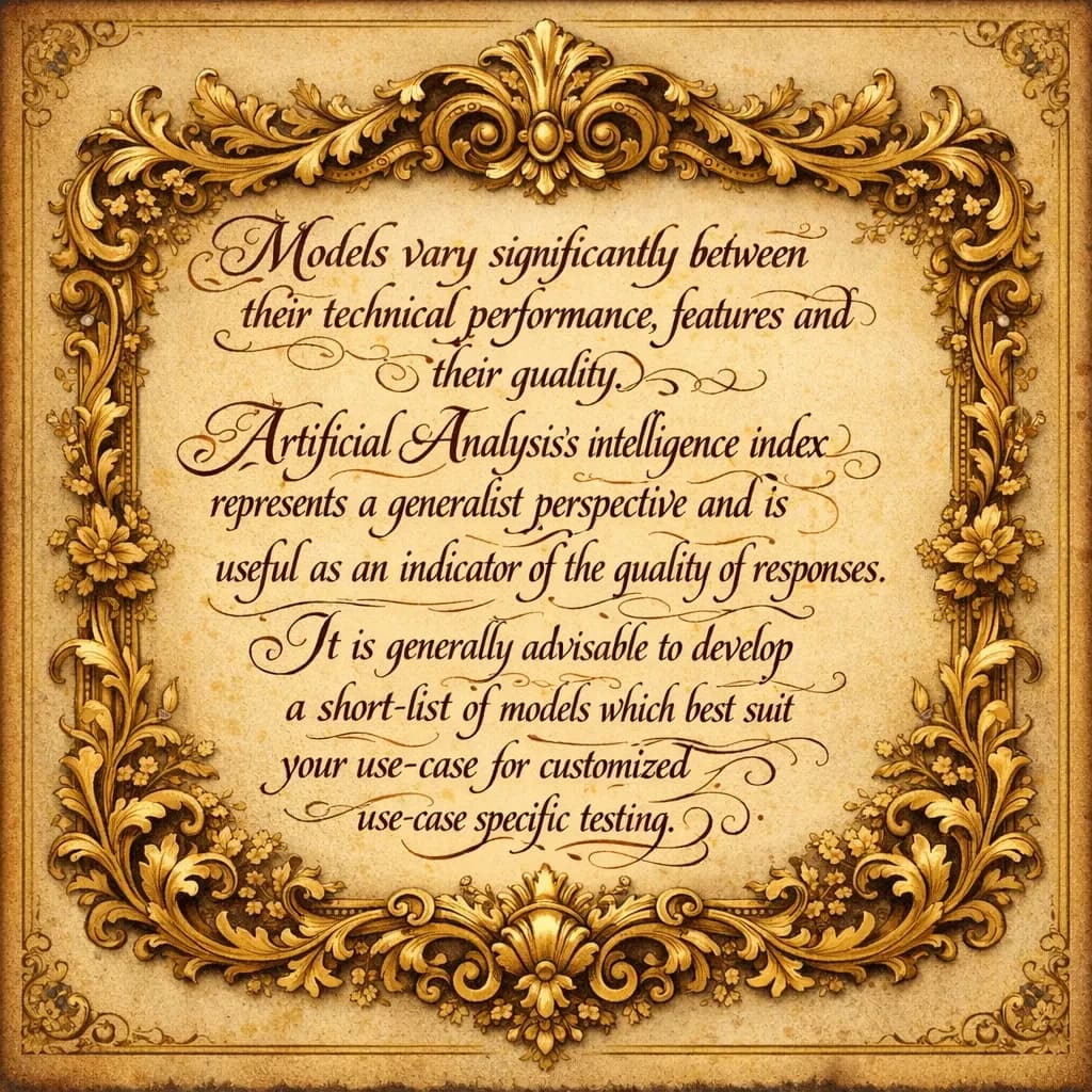 On a flat layout, write in an ornate baroque style "Models vary significantly between their technical performance, features and their quality. Artificial Analysis's intelligence index represents a generalist perspective and is useful as an indicator of the quality of responses. It is generally advisable to develop a short-list of models which best suit your use-case for customized use-case specific testing. "
