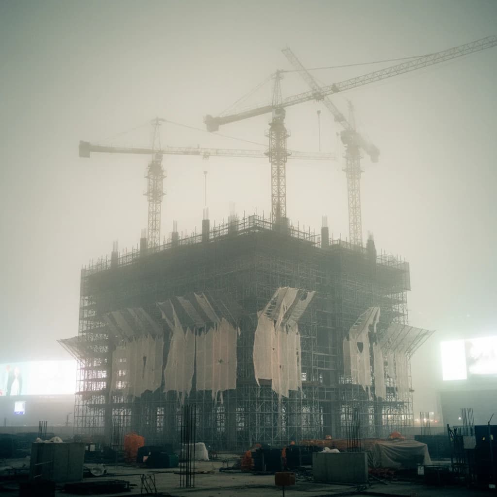 A construction site stretched upward into fog, cranes frozen in silhouette. Wind rattled scaffolding draped with torn mesh that glowed faintly from nearby billboards