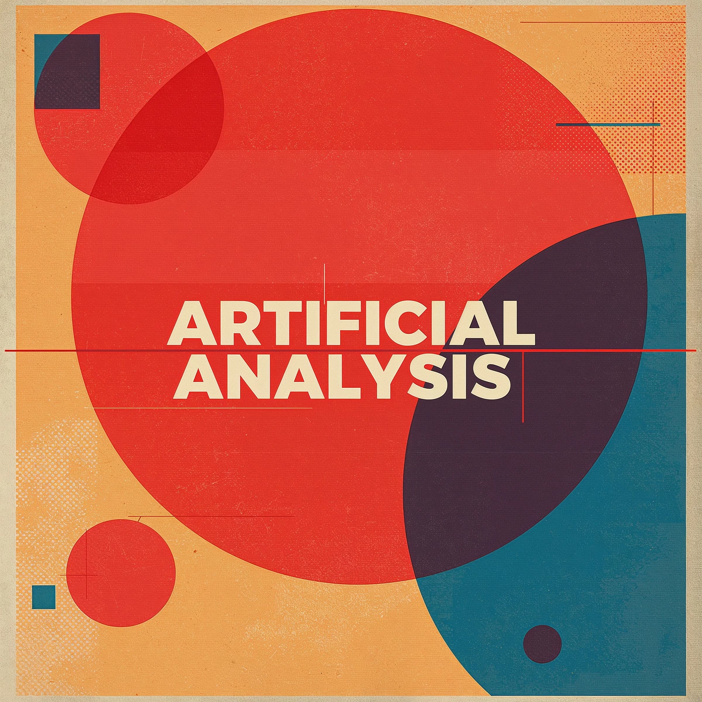 A bold poster composition dominated by flat geometric shapes in crimson, cobalt, and ochre. Overlapping circles and sharp diagonal lines create dynamic tension across the frame. A single sans-serif word — Artificial Analysis — stretches across the center in stark white, distorted slightly as though caught mid-glitch. The background is textured with halftone dots and faint grid lines, while subtle overlays of translucent rectangles suggest depth. Designed in the spirit of modernist Swiss typography fused with digital glitch aesthetics.