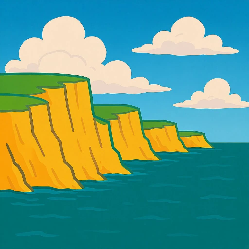 Bright cliffs over teal sea, fat clouds, bold outlines and flat shading.