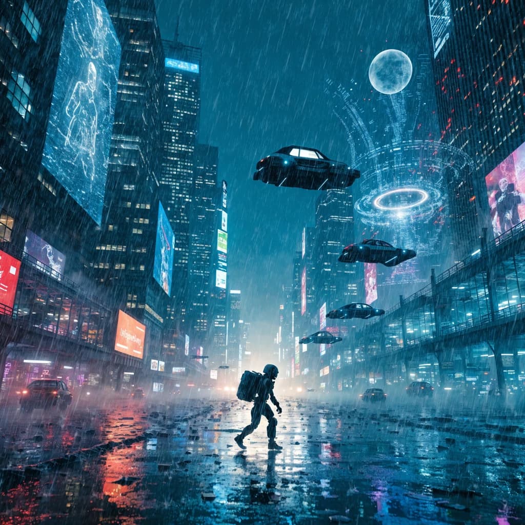 Rain-soaked neon megacity at night, flying taxis weave between glass towers, giant holograms flicker; a lone courier in a matte exosuit, somewhat cinematic wide angle.