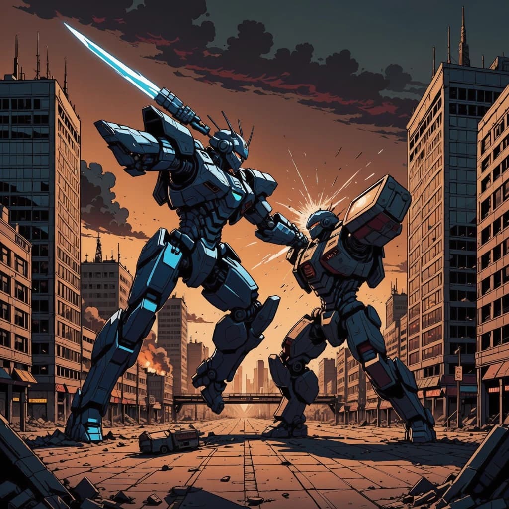 Make a cel-shaded mecha duel at dusk downtown.