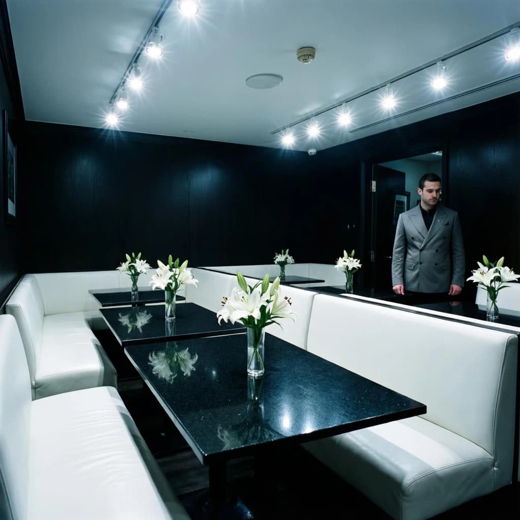 The place is almost empty. The banquettes are covered in white leather, the tables black granite, and the entire room is bathed in halogen track lighting that seems too bright. The maître d’ wears a double-breasted wool crepe jacket. There are lilies on every table.