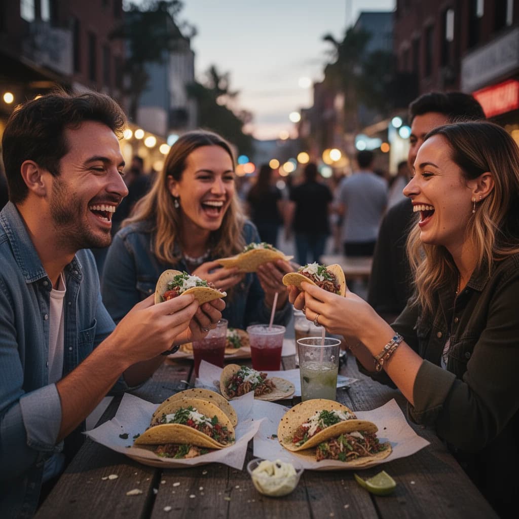 Friends laugh over street tacos at dusk, candid, shallow depth.