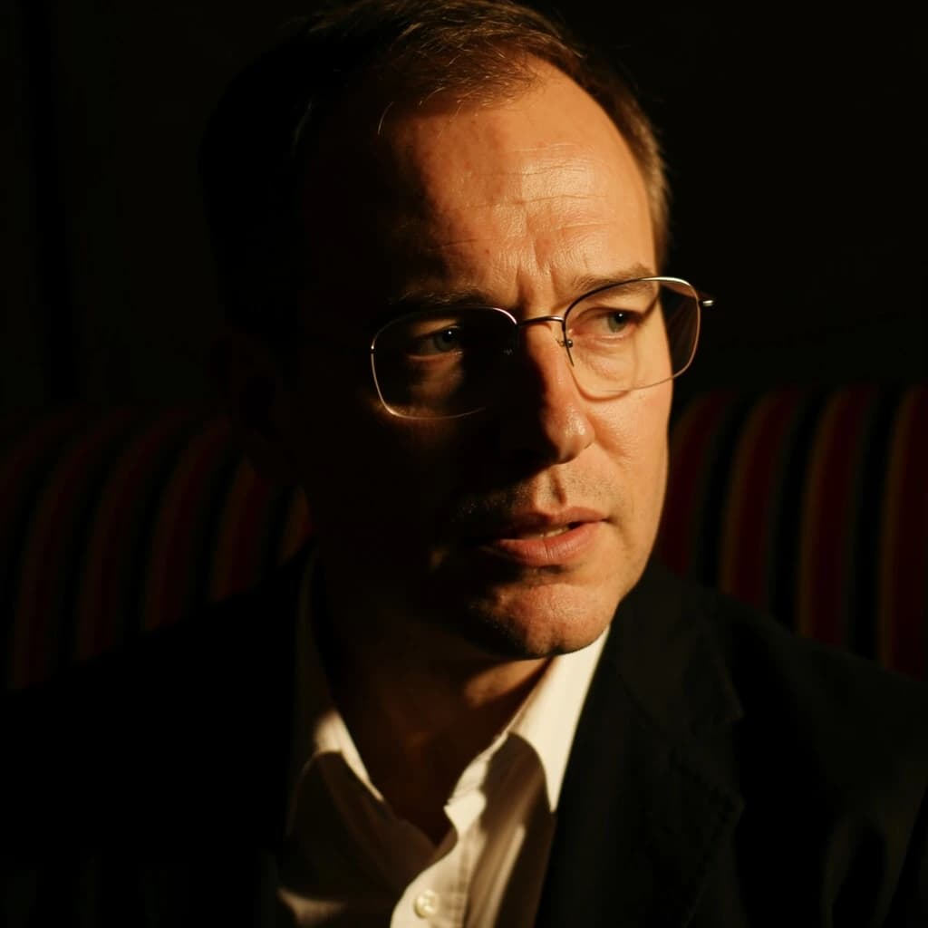 A sharply lit portrait of a middle-aged man wearing thin-rimmed glasses and a dark jacket over a white collared shirt. He gazes intently to the side, his face half illuminated by warm light while the background recedes into deep shadow. The expression is thoughtful, almost wary, as if caught mid-conversation. Behind him, a striped cushion in muted reds and blacks adds subtle texture, contrasting with the crisp highlights on his forehead and glasses. The overall mood is contemplative and cinematic, balancing warmth with tension.