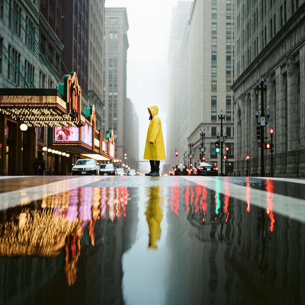 A sunlit city street after rain; puddles mirror neon signs as a woman in a yellow raincoat waits at a crosswalk, soft mist, 50mm look, natural tones, a bit of film grain.