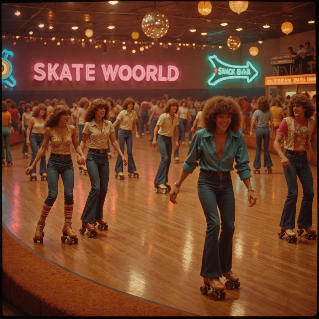 A 1970s roller rink crowd skates under neon, with a bit of fade and film grain.