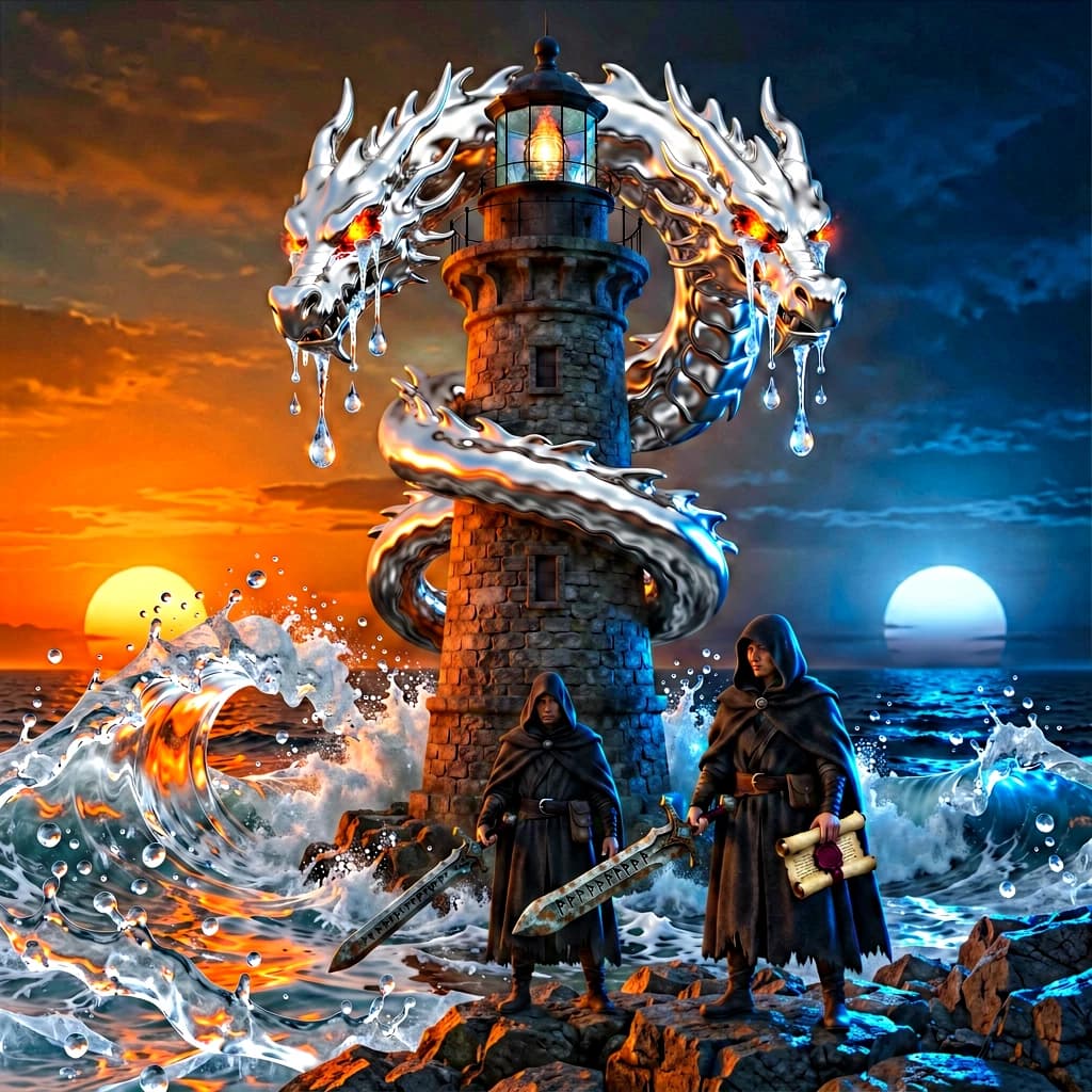 A dragon of molten silver coils around a lighthouse. The storming sea below crashes upward in frozen stillness, as though caught mid-motion. The dragon’s molten eyes drip tears of ice. On the horizon, two suns set next to each other, casting orange light on one side of the tower and blue on the other. A cloaked traveler carries an ancient weapon in his left hand and a scroll in his right.