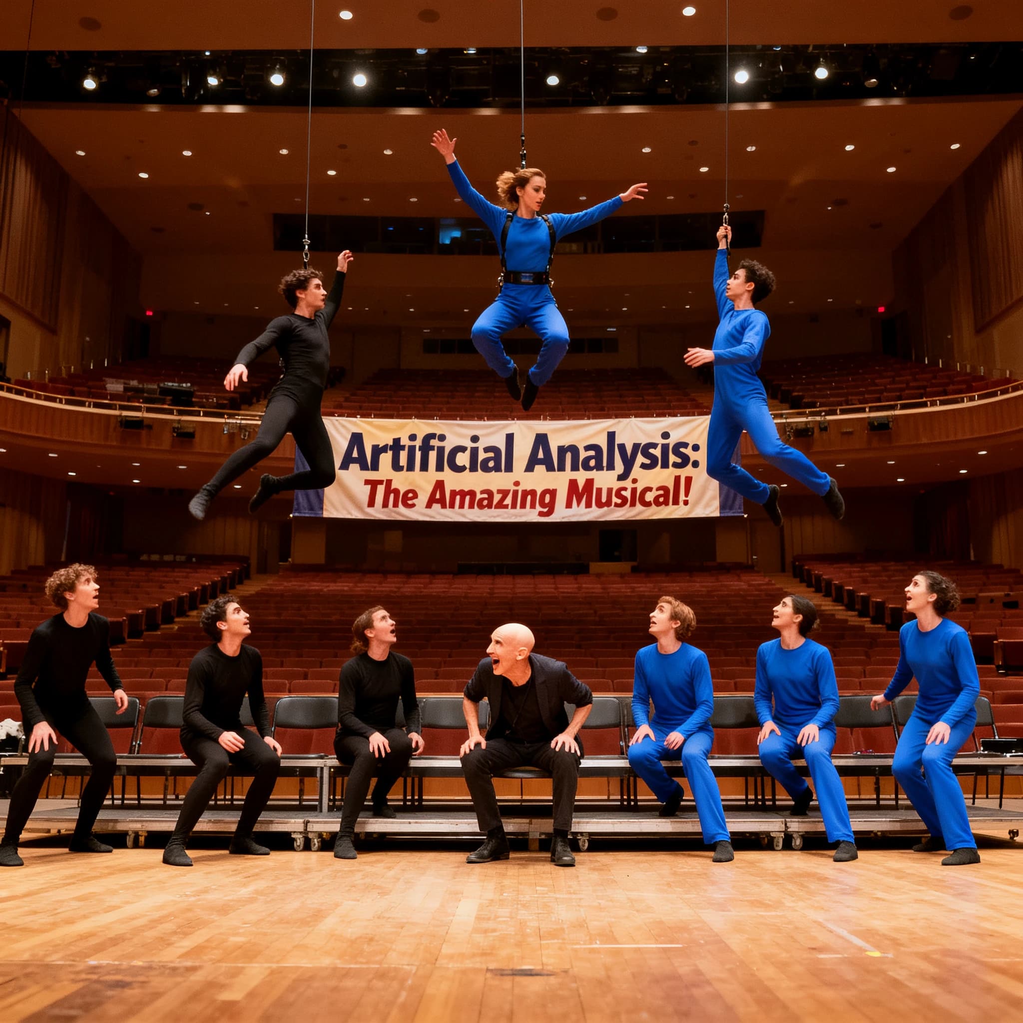 The musical troupe do a rehearsal in a large, empty theatre. 9 people are on the stage, half wear black and the others wear blue. The skinny bald director, seated in the second row, is practically leaping out of their seat with excitement as the leads nail their aerial. A giant banner reading "Artificial Analysis: The Amazing Musical!" is behind the actors.