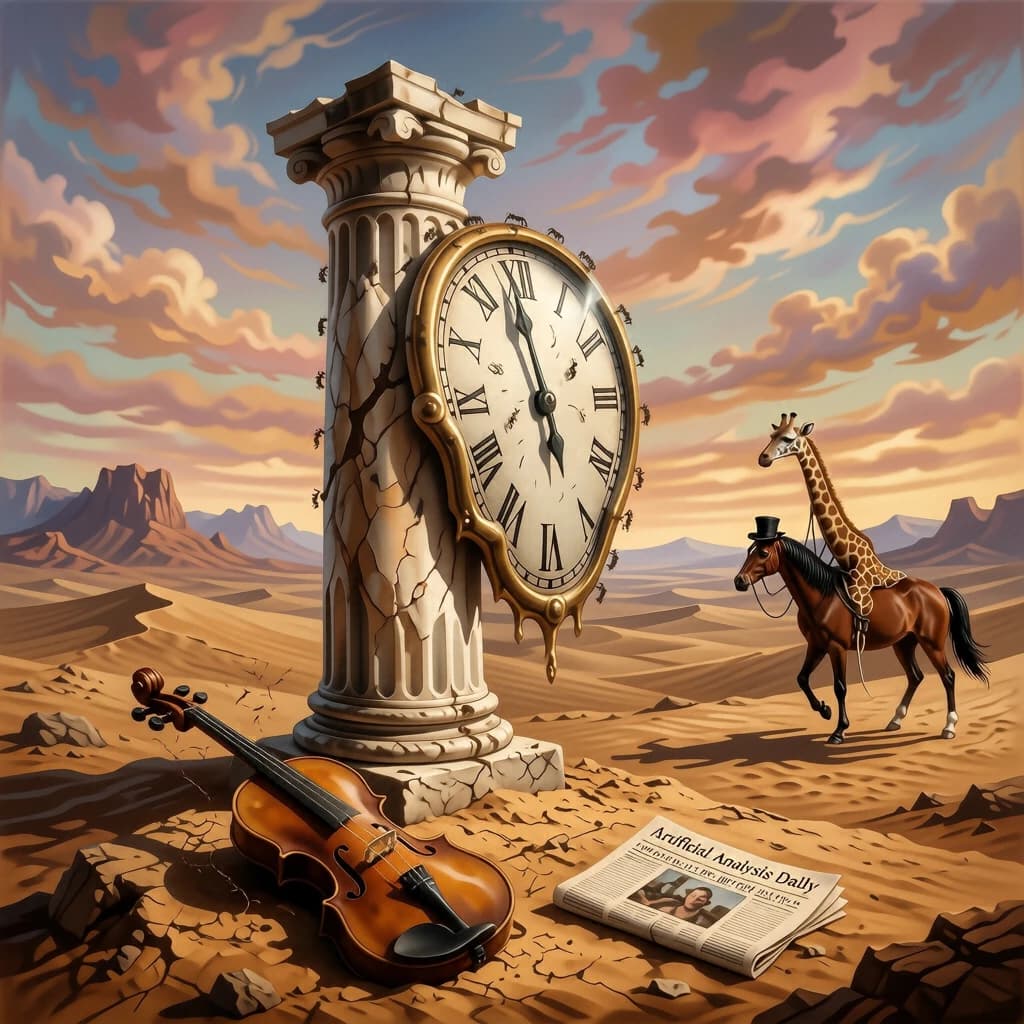 A vast desert plain stretches endlessly under a sky streaked with pale pink and ochre clouds. In the center stands a colossal clock, its face drooping and melting over the edge of a broken marble column. Ants swarm across its warped surface, glinting in the harsh sunlight. To the right, a horse with a giraffe like neck wearing a top hat strides toward the horizon, its shadow stretching miles across the sand. A cracked violin lies half-buried in the foreground, strings snapping outward like veins. Painted in the dreamlike surrealist style. A newspaper named the "Artificial Analysis Daily" lies on the Floor.