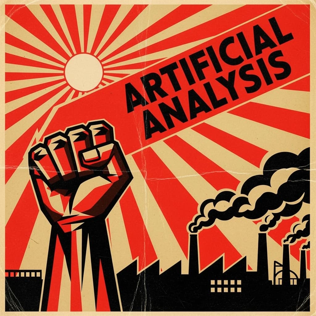 A propaganda poster in stark red, black, and beige. A clenched fist rises in the foreground, rendered with sharp geometric blocks. Behind it, radiating lines stretch upward toward a stylized sun. At the top, bold sans-serif lettering in Cyrillic-inspired type spells out Artificial Analysis, tilted at an angle for emphasis. A factory skyline silhouettes the bottom edge, smoke stacks rising into the background. The texture is rough, printed on aged paper with visible creases and ink bleed. Designed in the constructivist Soviet poster style.