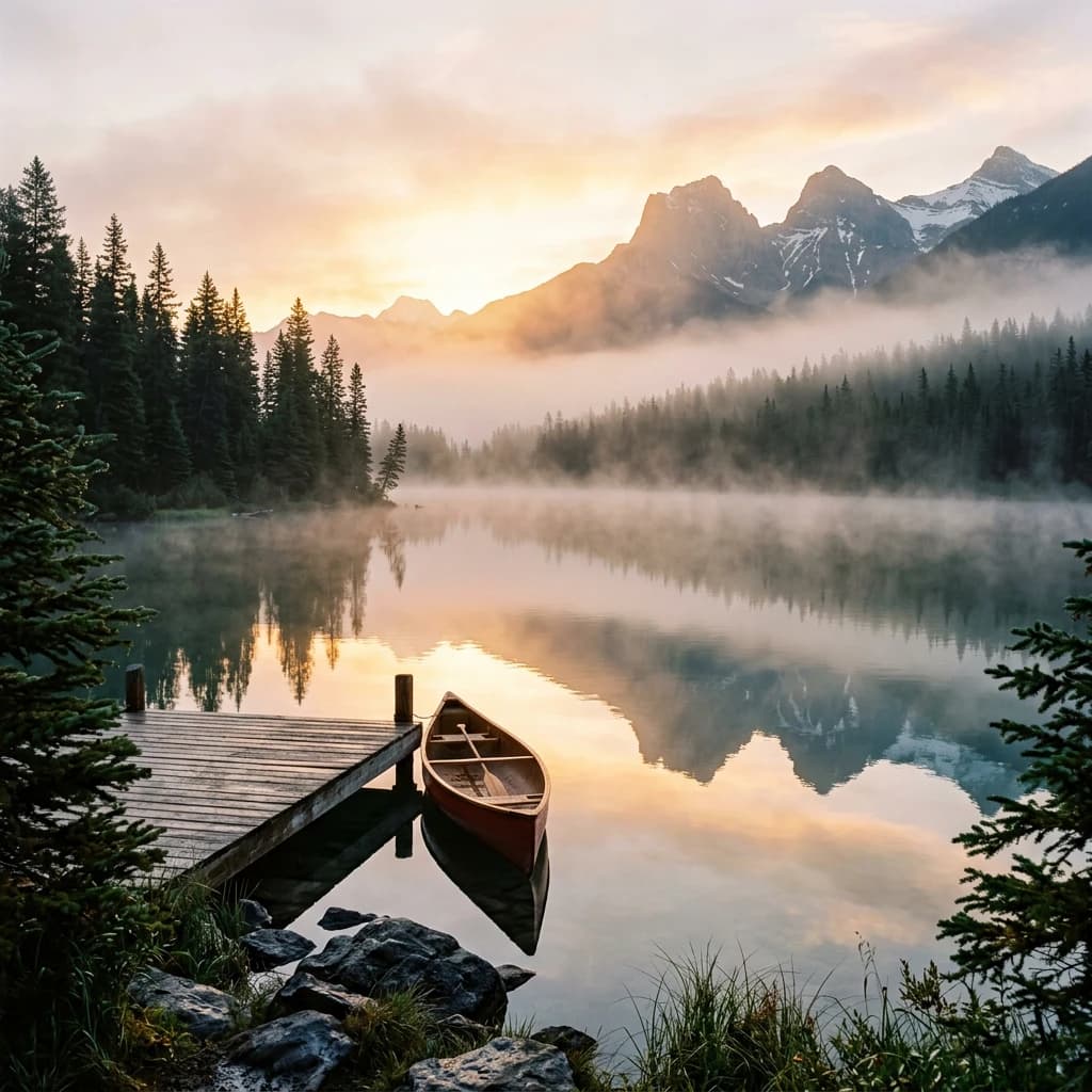I want a photo of a misty alpine lake at dawn, pines, glassy water, warm light.
