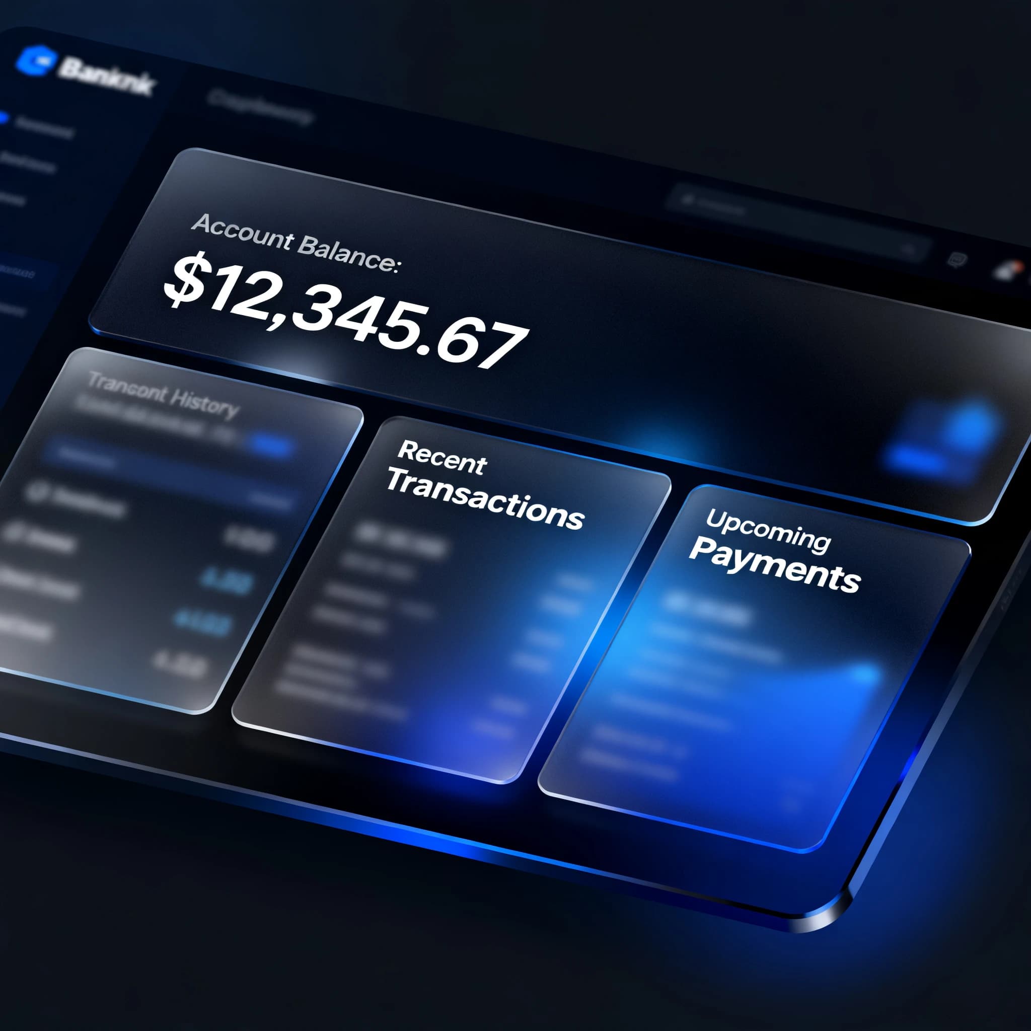 Dark mode banking dashboard with glassmorphism.