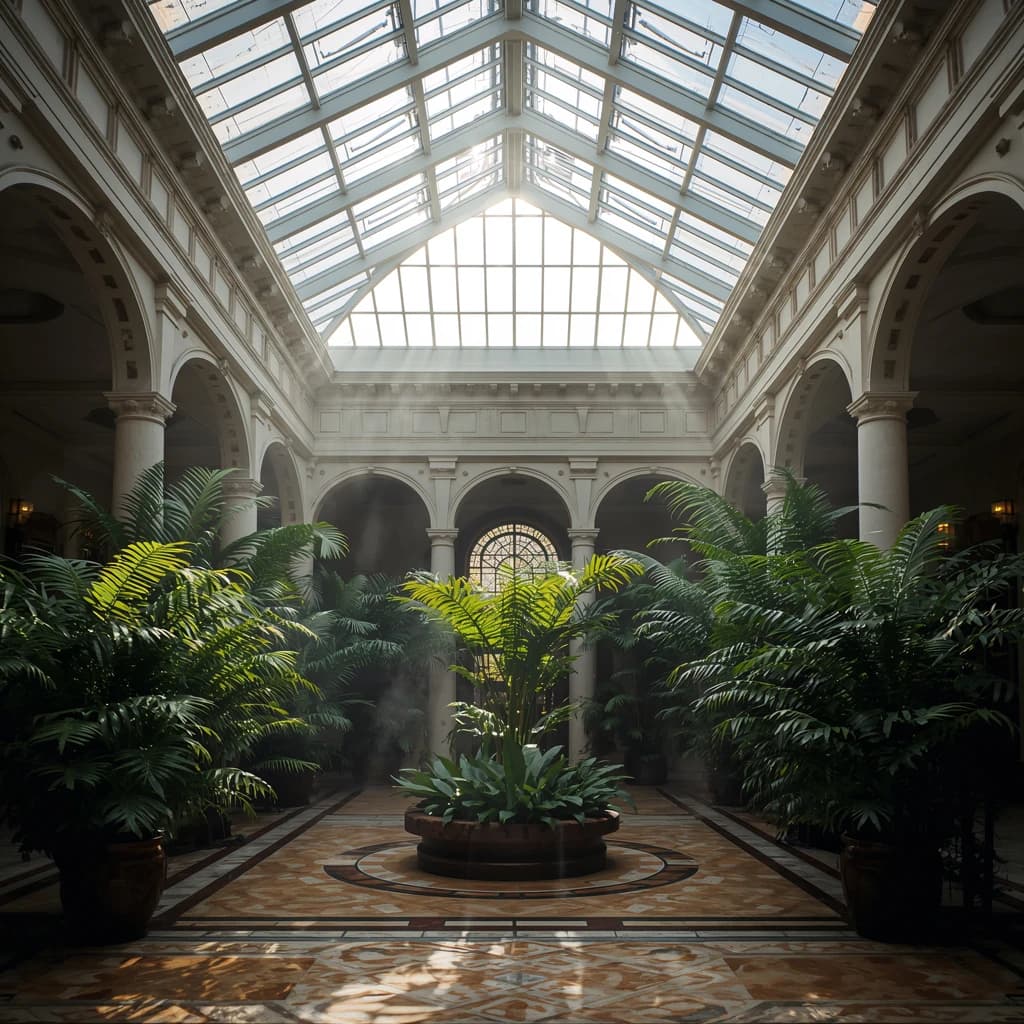 Sunlit atrium with glass ceiling, marble floor, ferns, a bit of morning haze.
