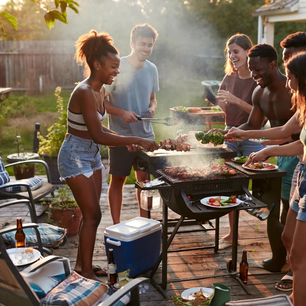 Friends grill skewers on a slightly messy patio.