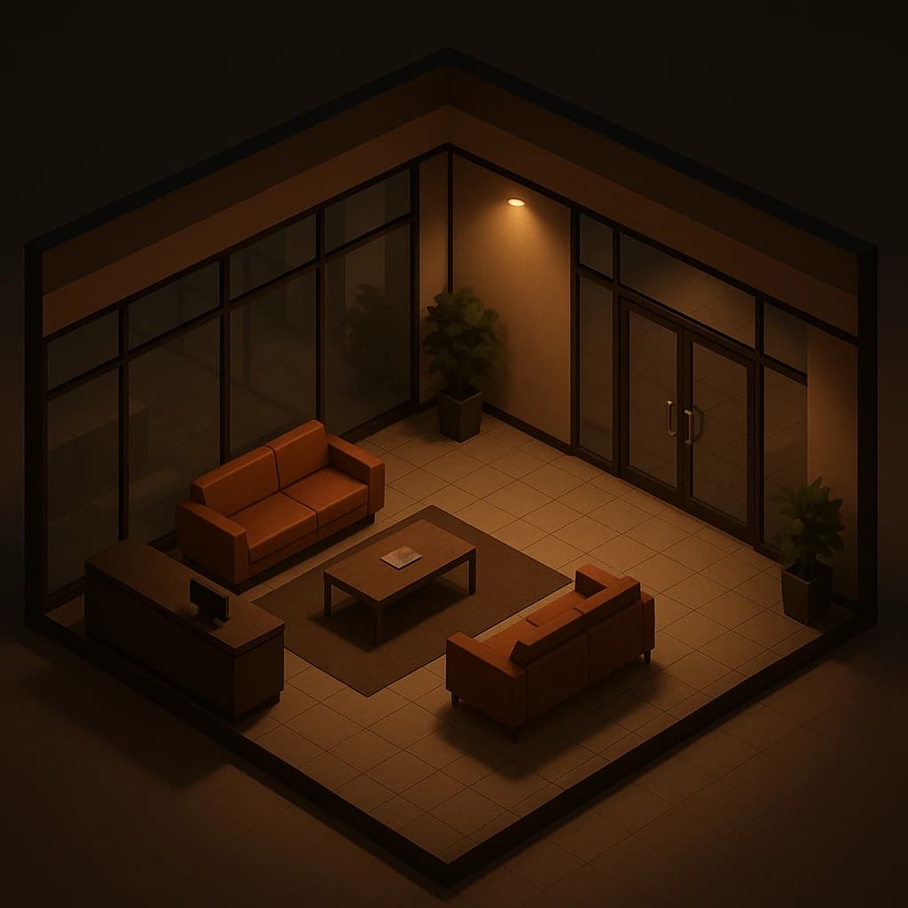 Isometric 3D lobby, glass walls, warm lights, slightly moody, soft shadows.