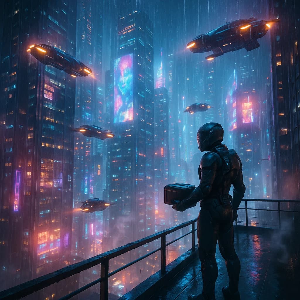 Rain-soaked neon megacity at night, flying taxis weave between glass towers, giant holograms flicker; a lone courier in a matte exosuit, somewhat cinematic wide angle.