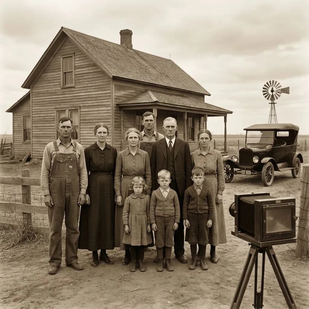 Everybody holds still and nobody smiles for the family portrait. It's 1928 in Kansas