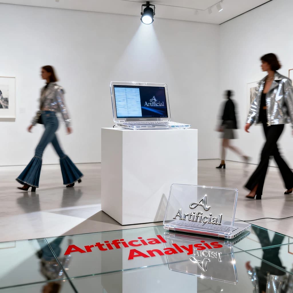 In a spotless gallery space, a pedestal supports a transparent laptop whose screen flickers between static and pristine brand imagery. Shoppers blur past in designer clothes that appear slightly outdated - bell bottoms, metallic jackets. The embossed logo “Artificial Analysis” glints silver, yet its reflection in the glass floor reads in crimson letters. A single spotlight shines, though shadows fall in two directions.
