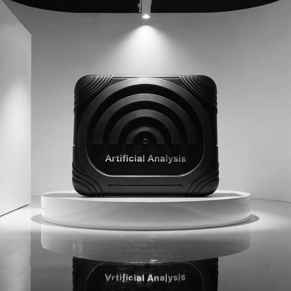 A premium matte black laptop-sized box rests on a pure white pedestal within a gallery space. Overhead, a single spotlight carves sharp contrast, leaving the edges in deep shadow. The brand name Artificial Analysis is embossed in silver foil, glinting faintly as though it were jewelry.