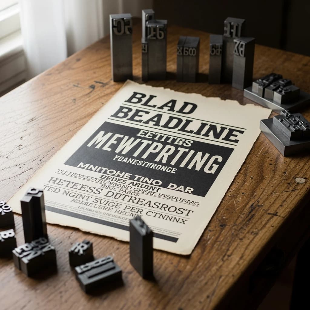 A vintage letterpress poster on a wooden desk: bold slab serif headline, tight kerning, misregistered ink, slightly worn edges, scattered metal type, soft window light.