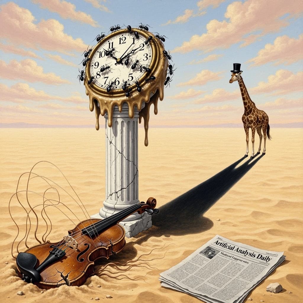 A vast desert plain stretches endlessly under a sky streaked with pale pink and ochre clouds. In the center stands a colossal clock, its face drooping and melting over the edge of a broken marble column. Ants swarm across its warped surface, glinting in the harsh sunlight. To the right, a horse with a giraffe like neck wearing a top hat strides toward the horizon, its shadow stretching miles across the sand. A cracked violin lies half-buried in the foreground, strings snapping outward like veins. Painted in the dreamlike surrealist style. A newspaper named the "Artificial Analysis Daily" lies on the Floor.