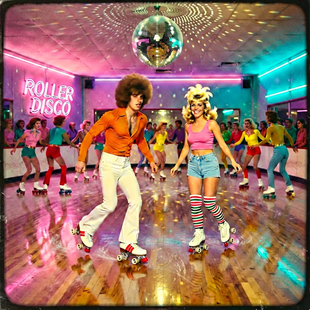 A 1970s roller rink crowd skates under neon, with a bit of fade and film grain.