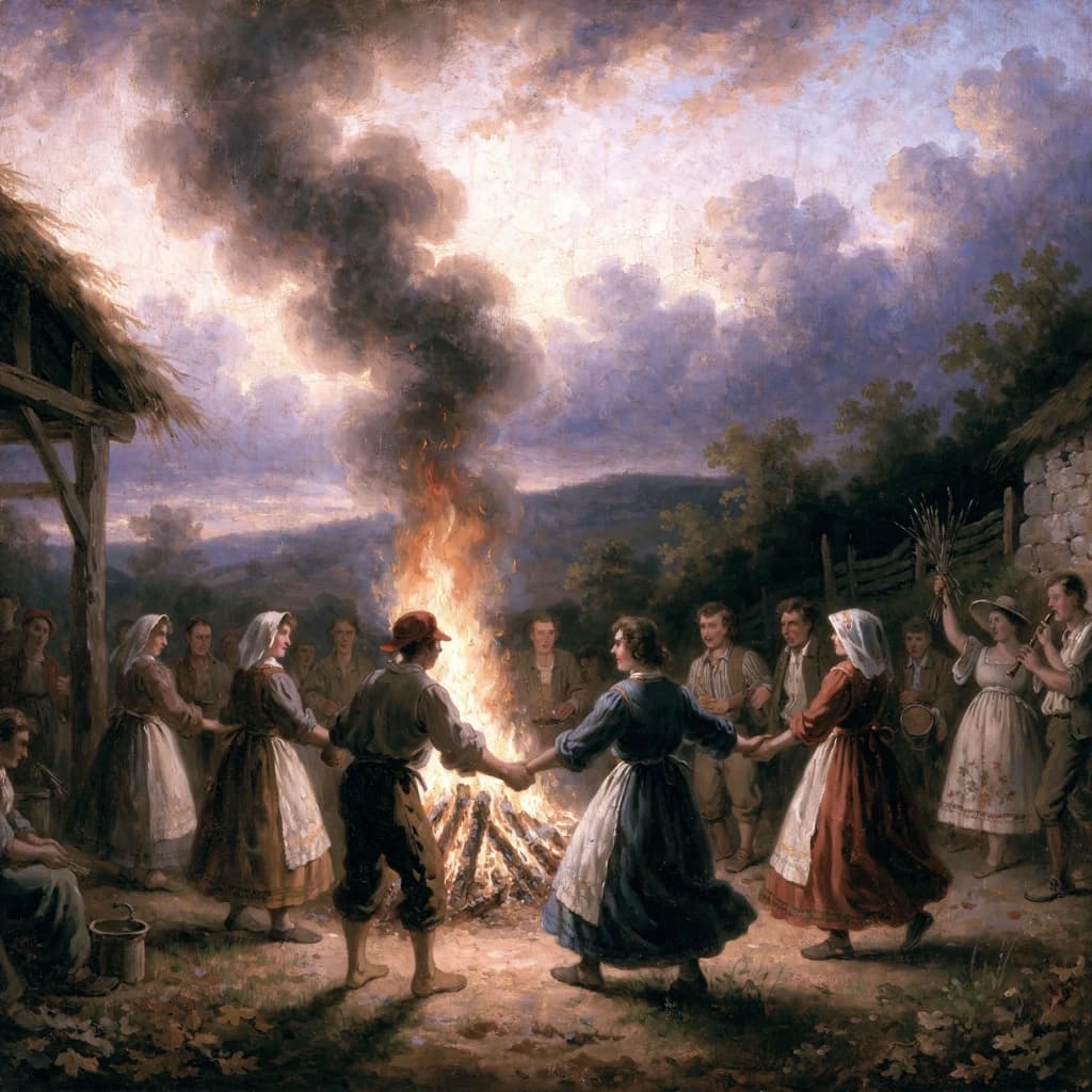 Make an oil painting of villagers dancing by a bonfire at dusk, a bit smoky.