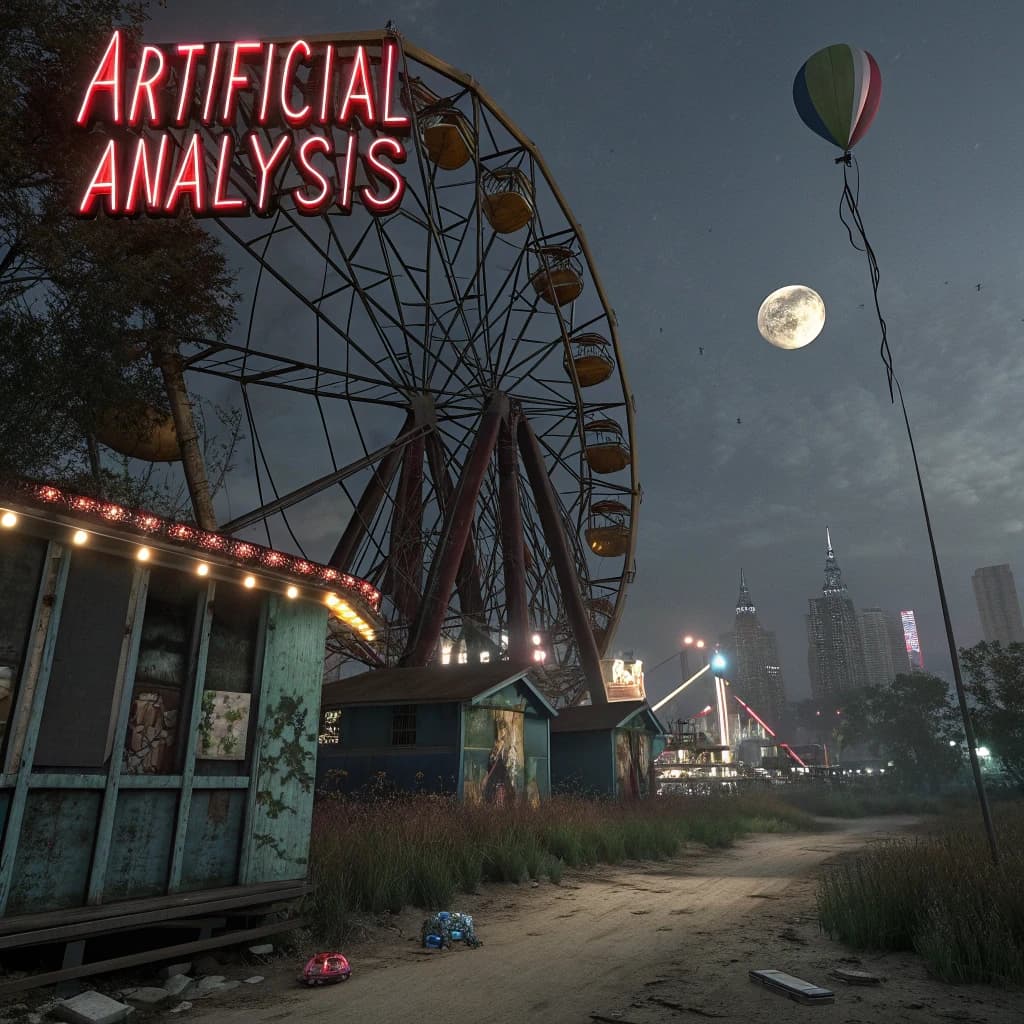 A deserted amusement park glows faintly under a half-moon. The ferris wheel is rusting yet strung with fresh, blinking LED lights. A torn clown banner flaps in a windless air. A lone balloon floats upward, tethered to nothing, while in the far distance city lights flicker on - some neon, some gas lamps as though from another century. 'Artificial Analysis' glows in neon